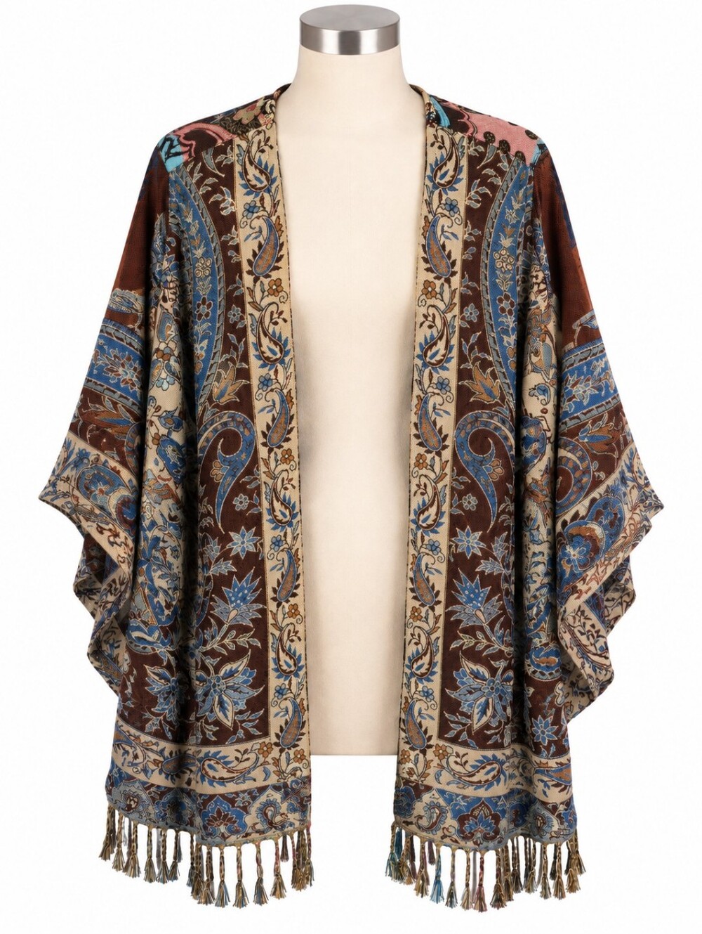 Avani Del Amour Boho Kimono Jacket Cardigan Sz M/L Paisley Floral Fringe Rust